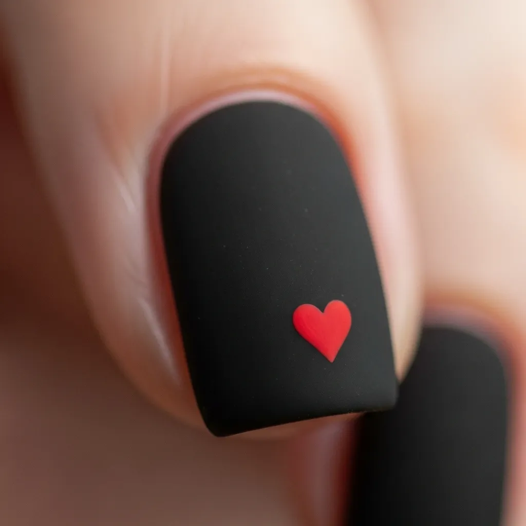Top 17 Simple Valentine's Nail Ideas for a Sweet & Chic Look 18 matte black with a tiny red heart detail