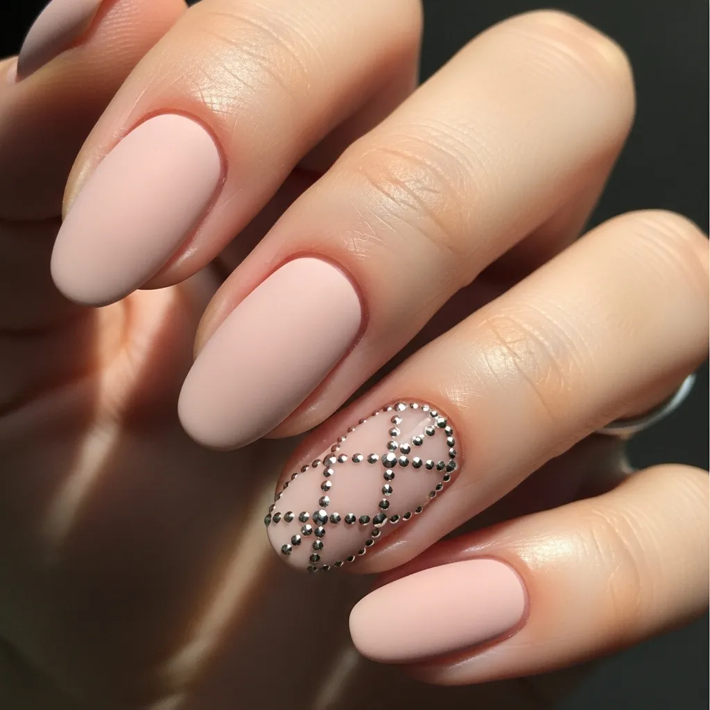 matte nails with rhinestone accents