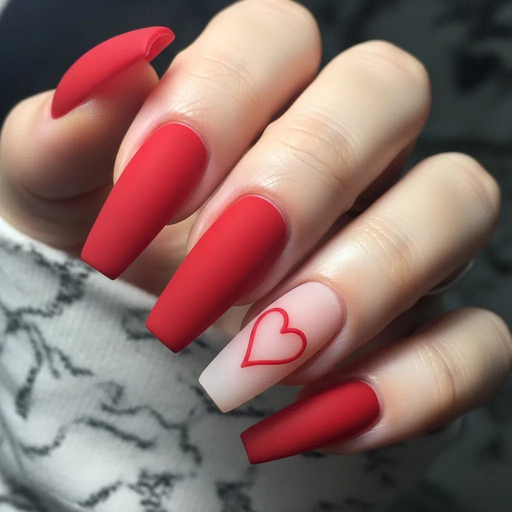 matte red coffin nails with a subtle heart outline