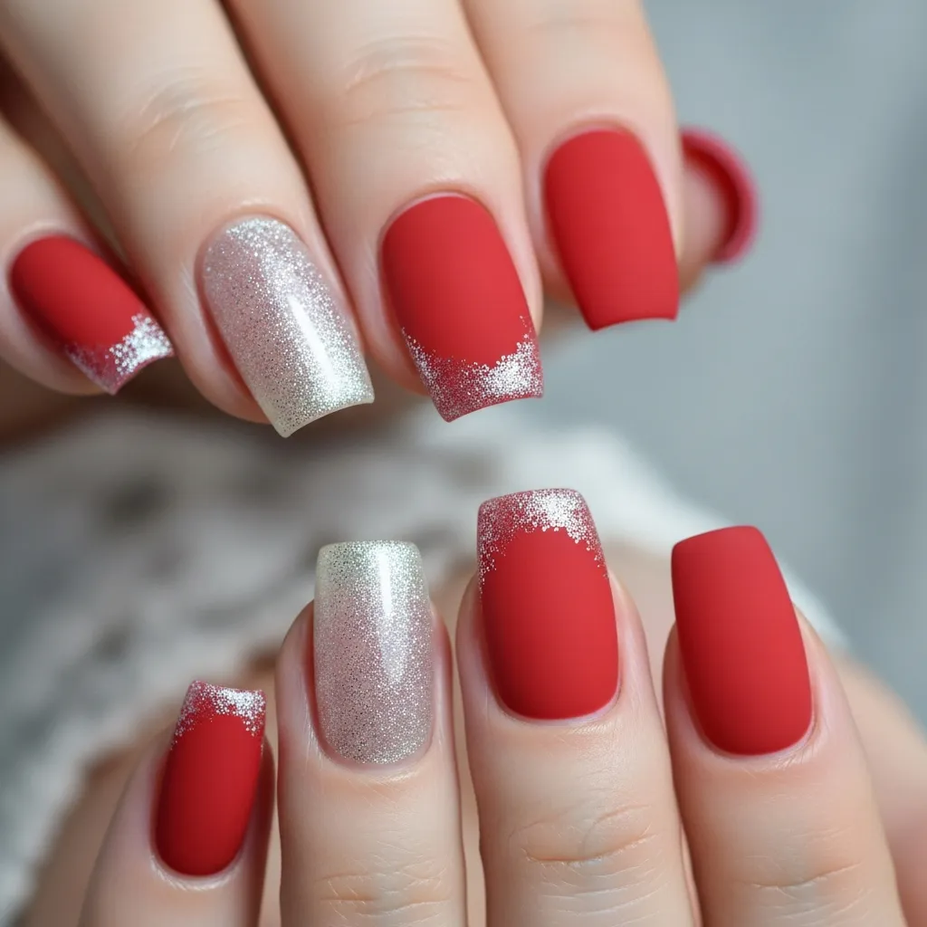 matte red with a subtle glitter french tip