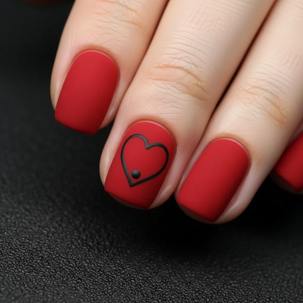 matte red with black heart outline and dot