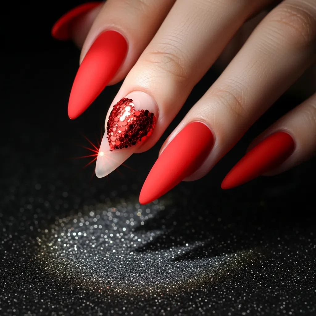 matte red with glitter heart accent