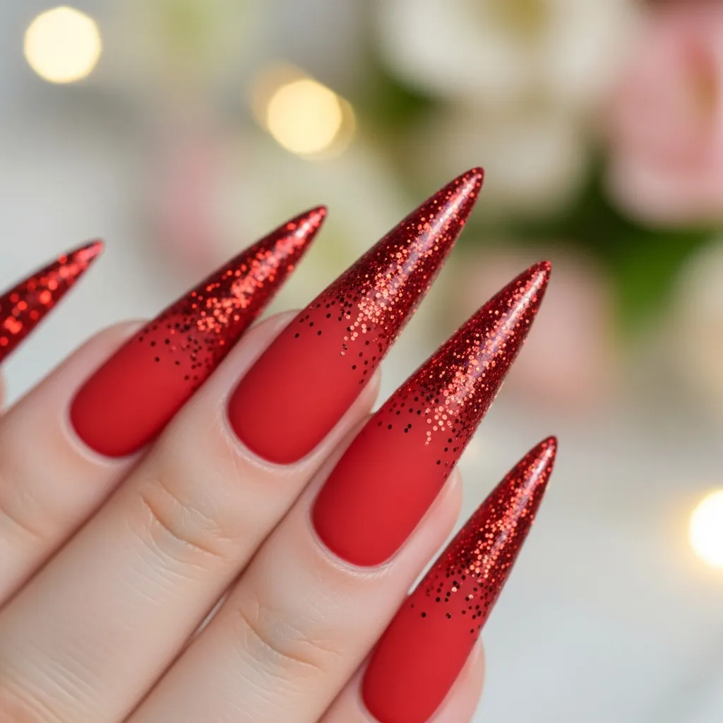matte red with glitter ombre