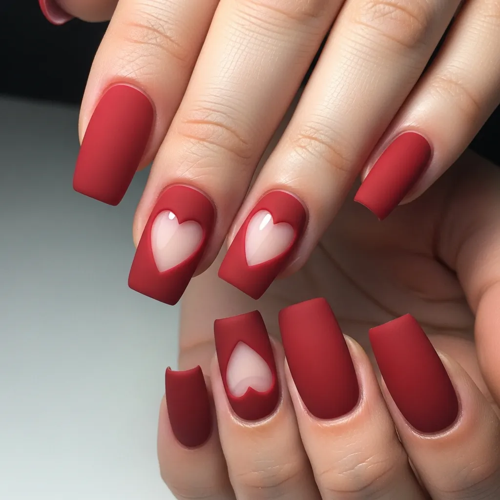 matte red with heart cut out square nails