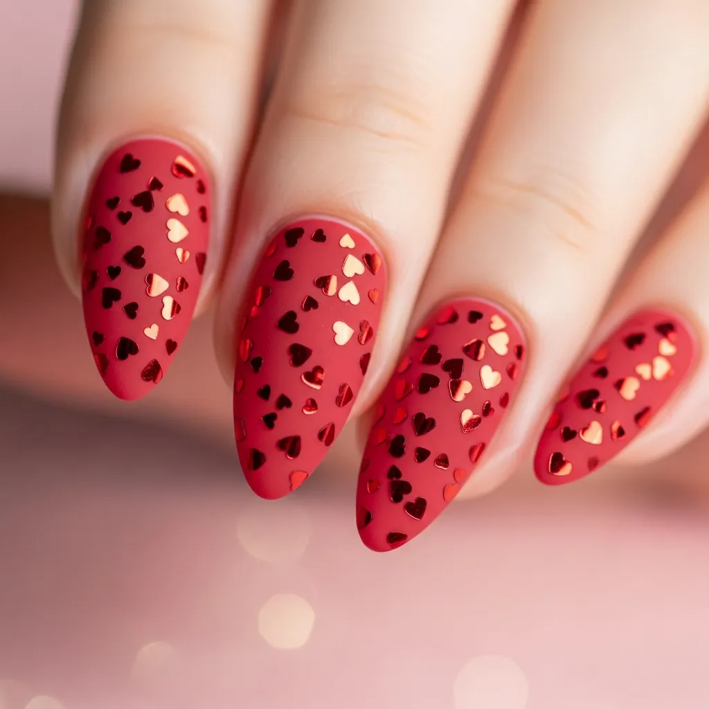 matte red with tiny heart glitter