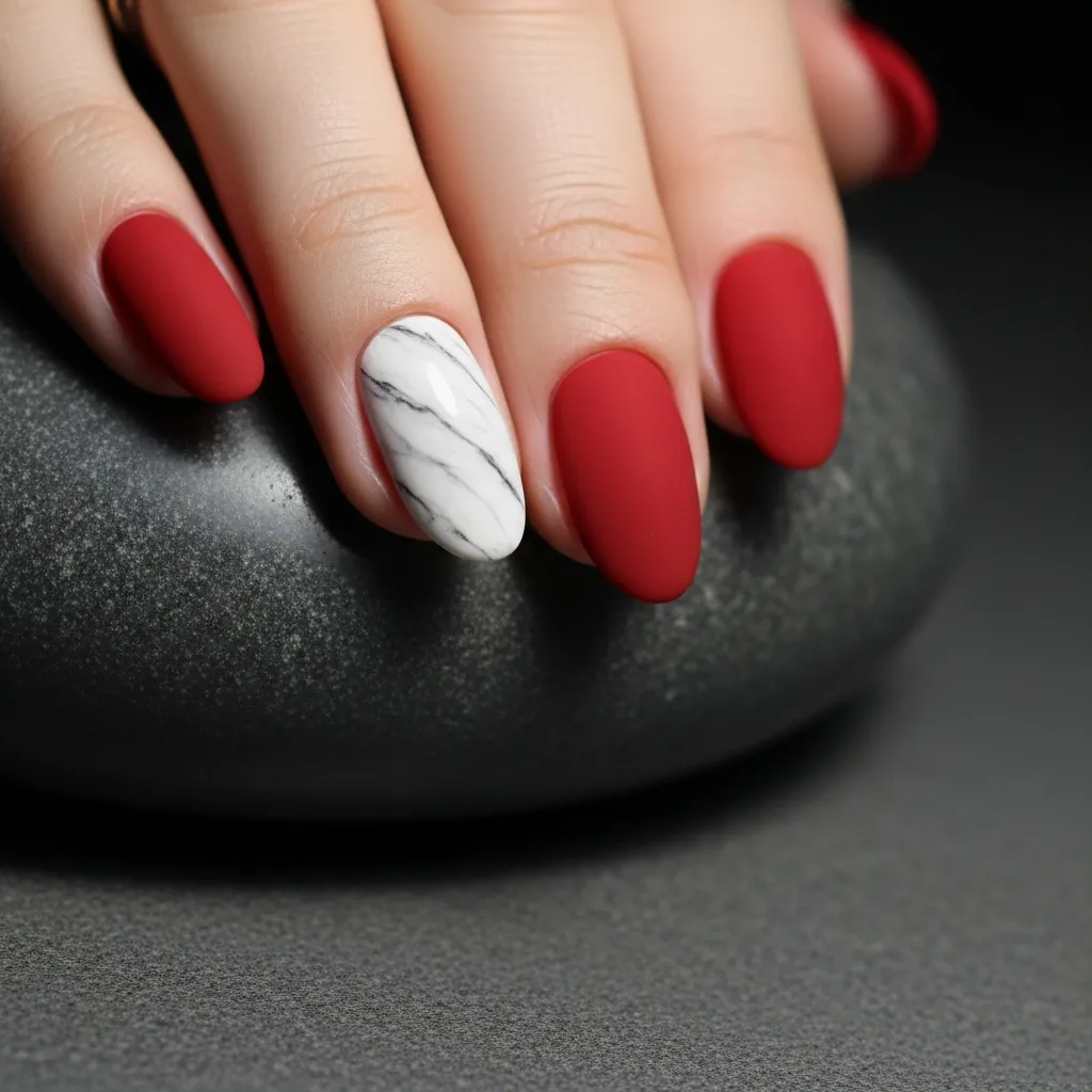 matte red with white marble accents