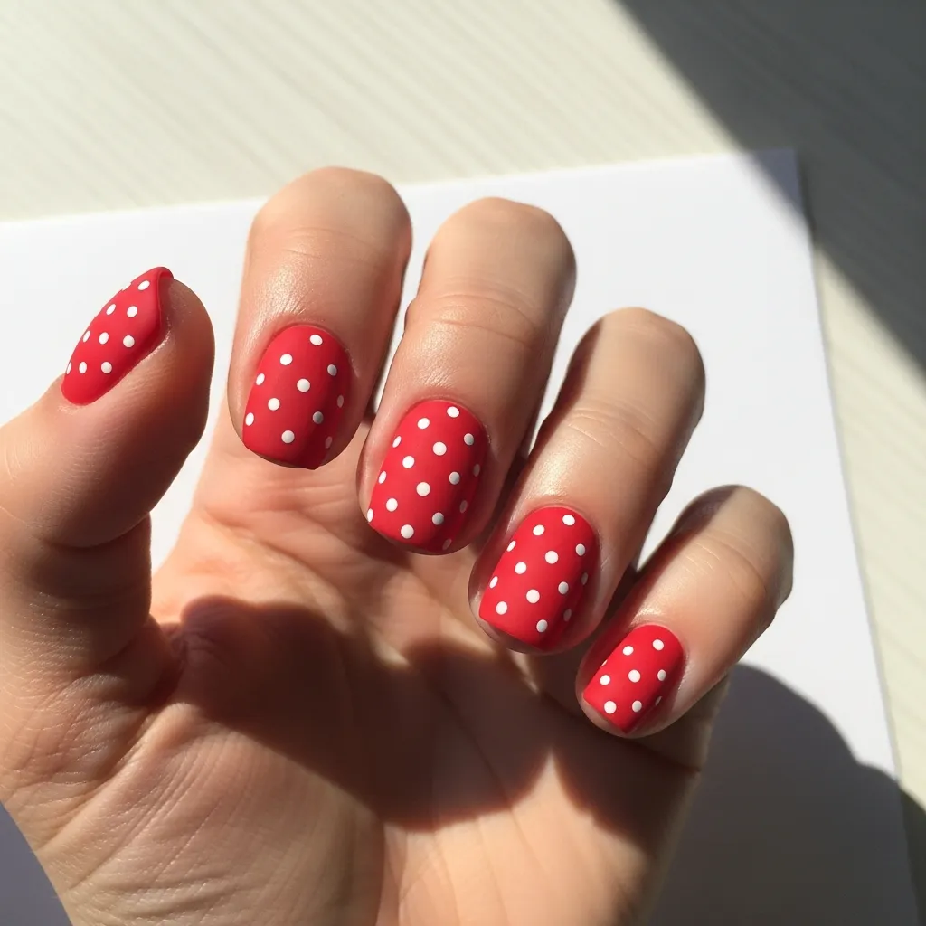matte red with white polka dots