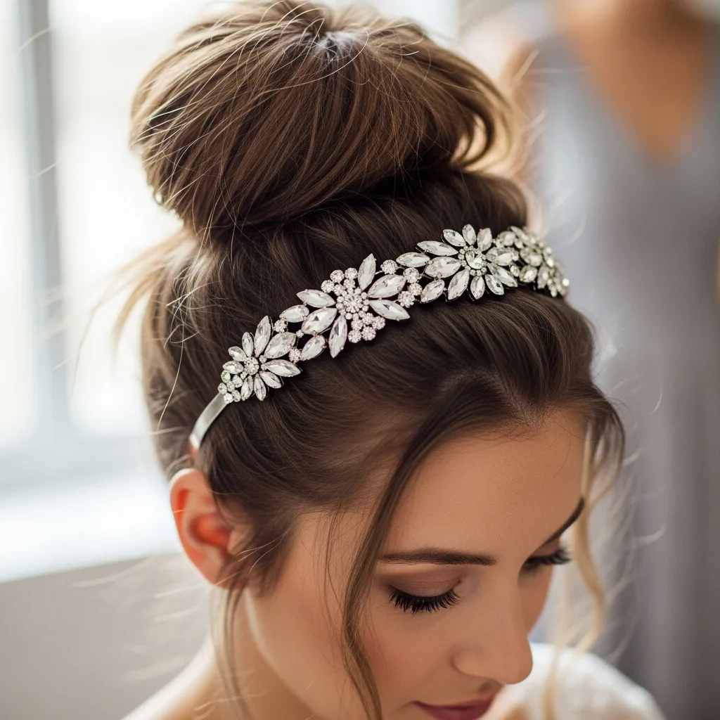 17 Hoco Hairstyles with Accessories 5 messy bun with rhinestone headband