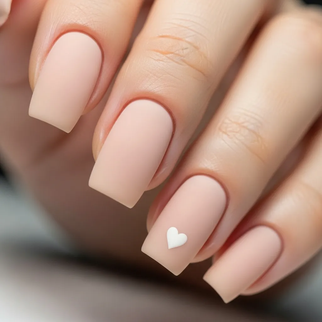 minimalist white heart on nude square nails