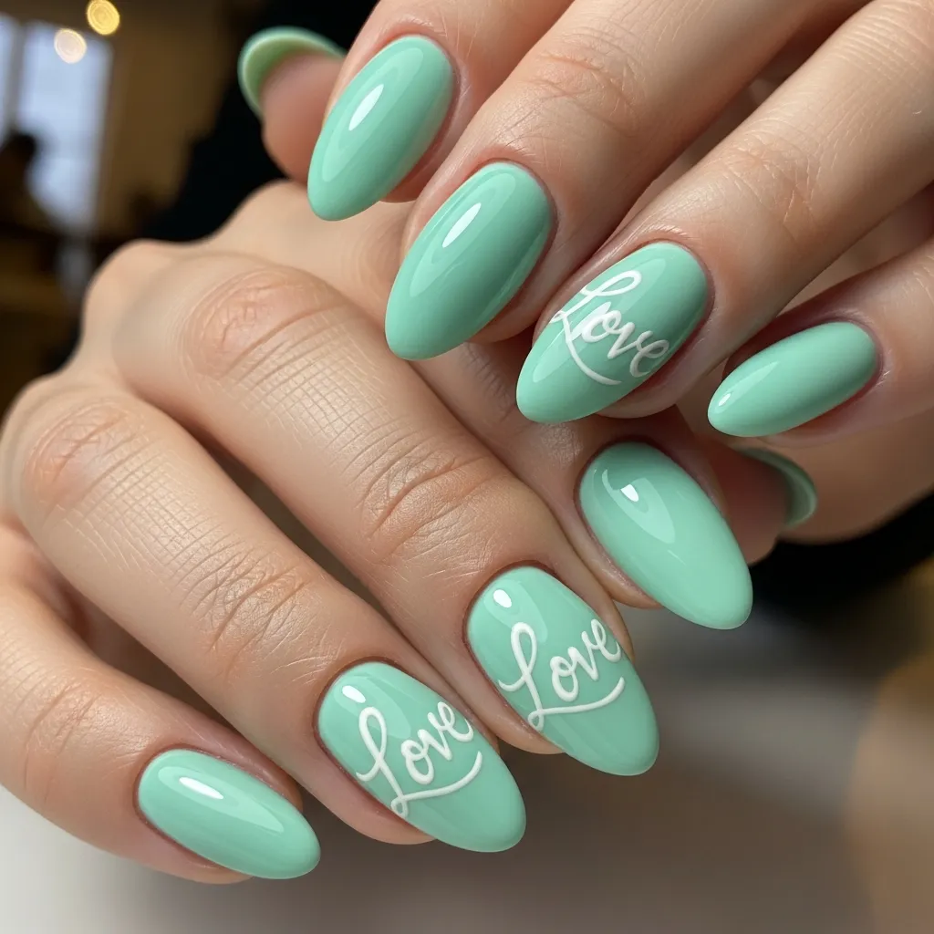 25 Candy Pastel Valentines Nails Ideas You'll Adore 25 mint green with white love script