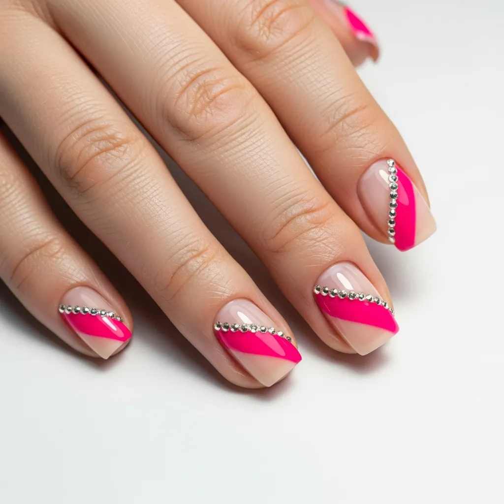 negative space nails with rhinestones