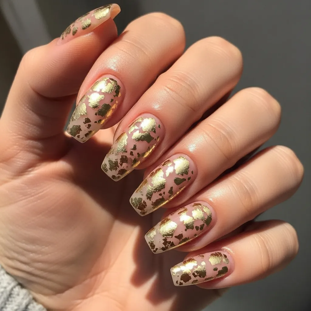 nude coffin nails with gold foil accents