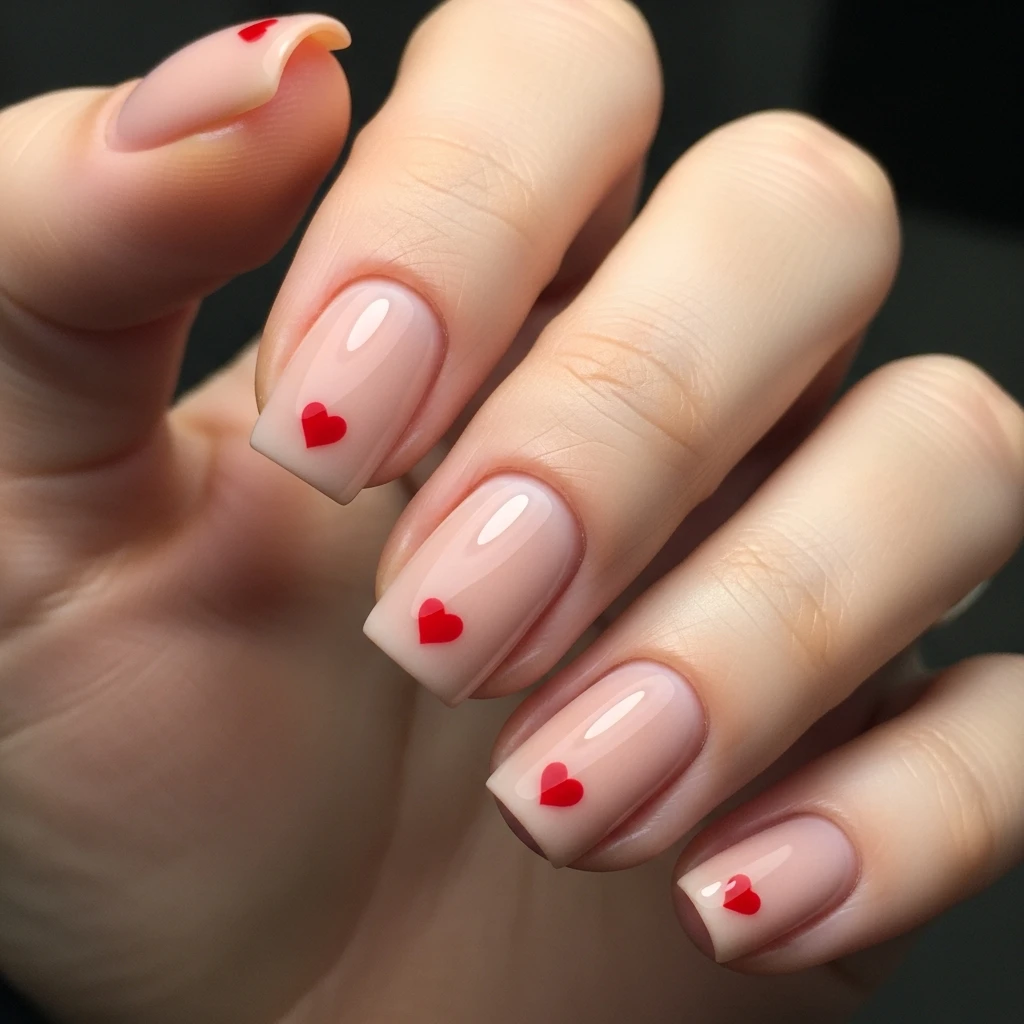 Top 25 February Nails: Romantic & Trendy Designs for 2024 7 Nude square nails with small red hearts, simple valentines nail design.