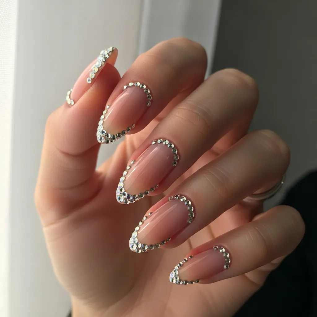 nude nails with rhinestone tips and cuticle