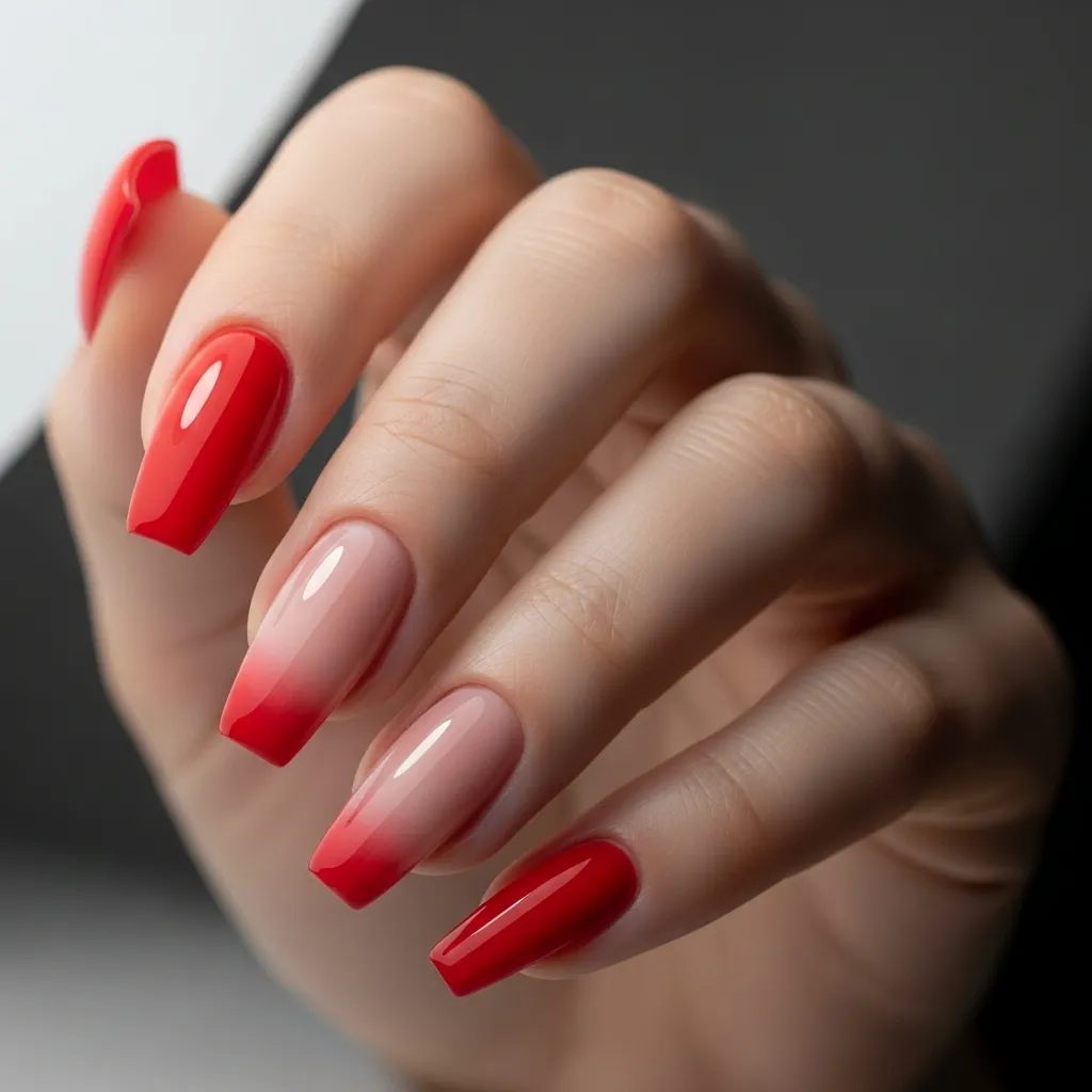 ombre red to nude coffin nails