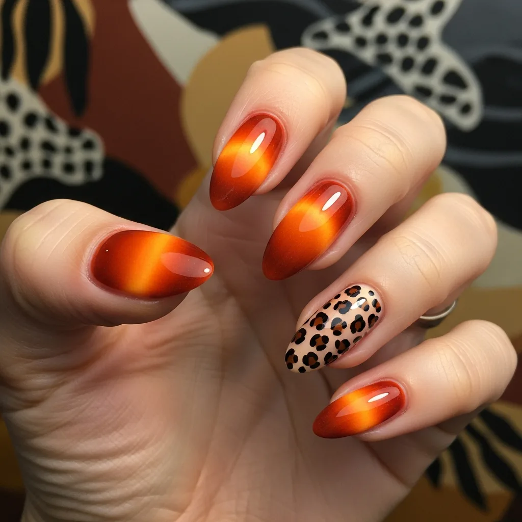 23 Perfect Valentines Cat Eye Nails Designs 18 orange cat eye with leopard print