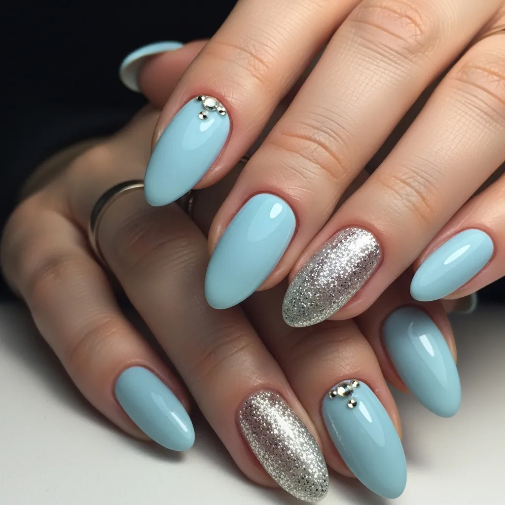 Top 19 Valentines Day Nails with Gems You'll Adore 16 pastel blue with silver glitter and gems