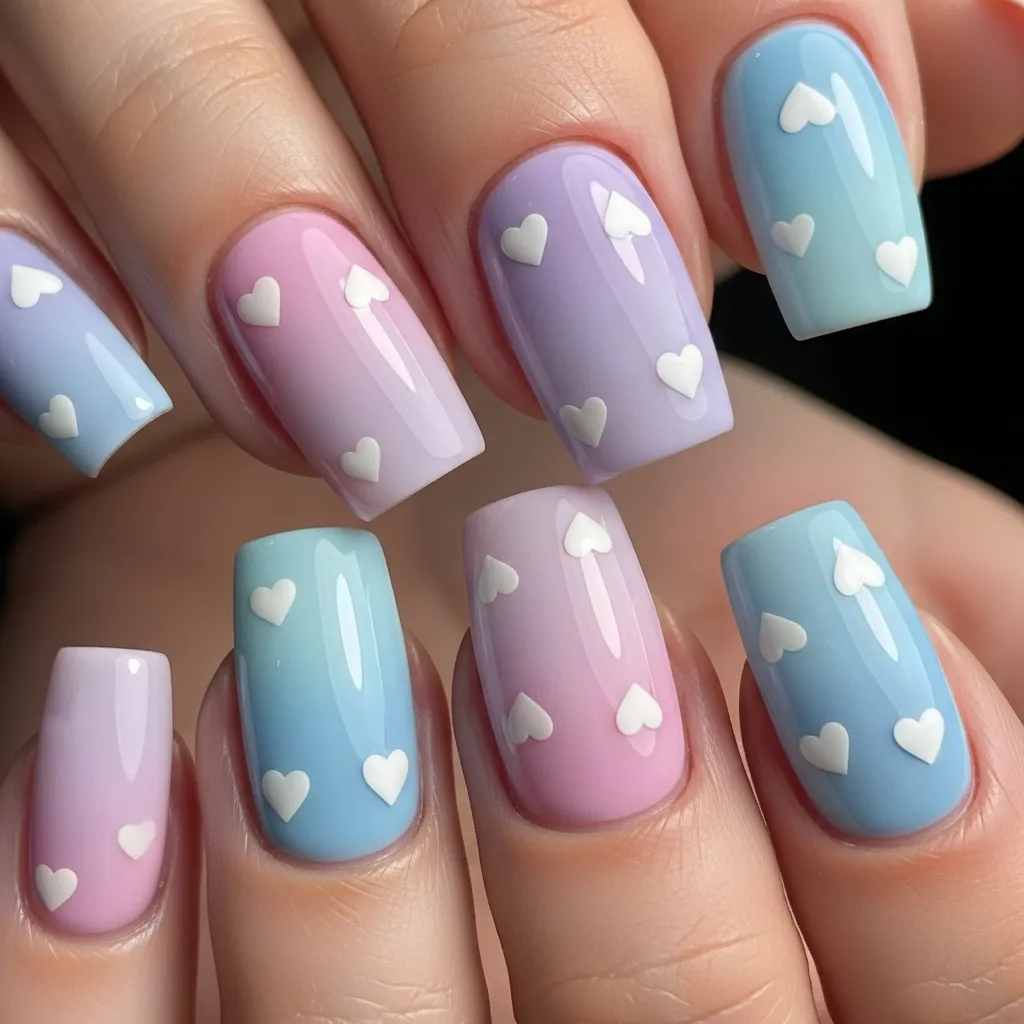 pastel gradient with white hearts square nails