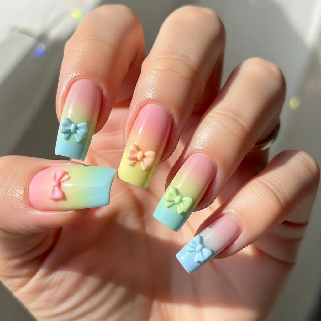 Top 25 Valentines Day Nails with Bows: Adorable and Romantic Nail Art Ideas 9 pastel rainbow with mini bows