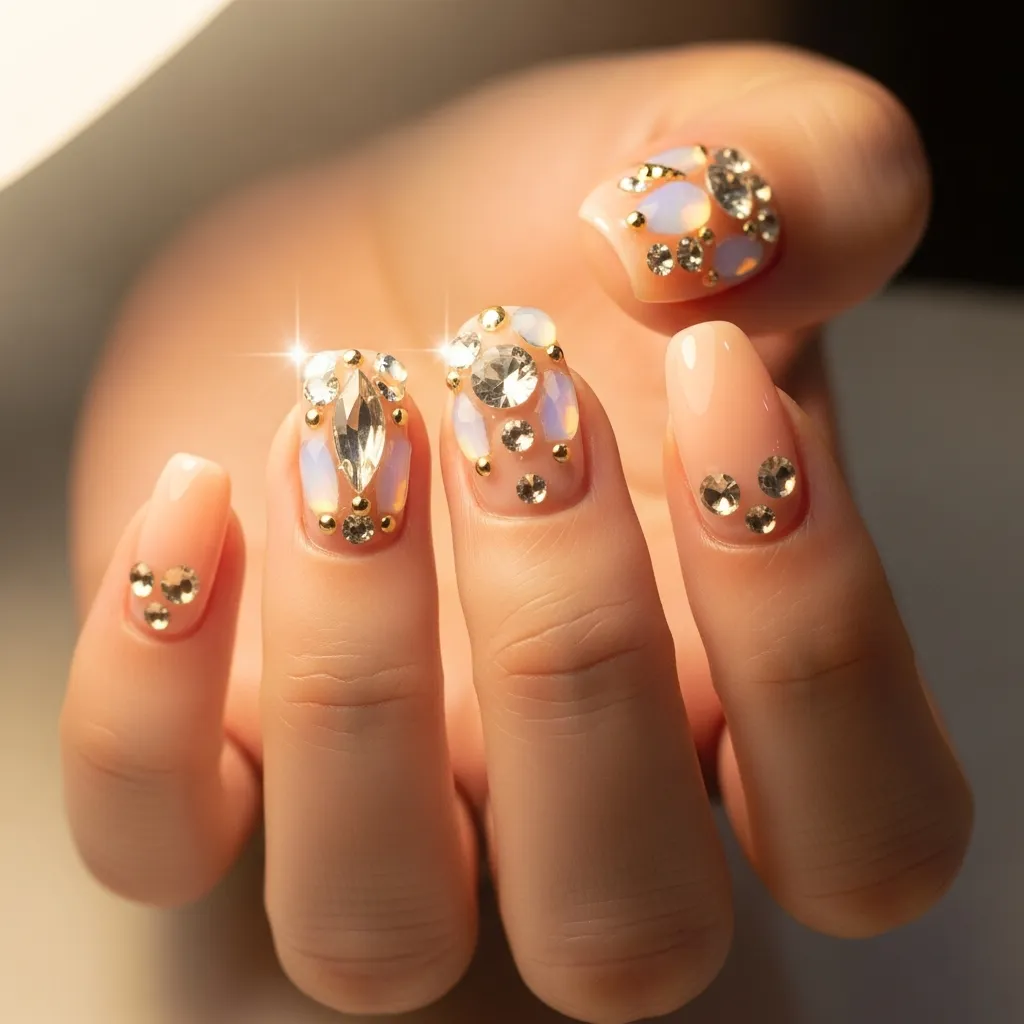 Top 19 Valentines Day Nails with Gems You'll Adore 12 peach with opal and rhinestone