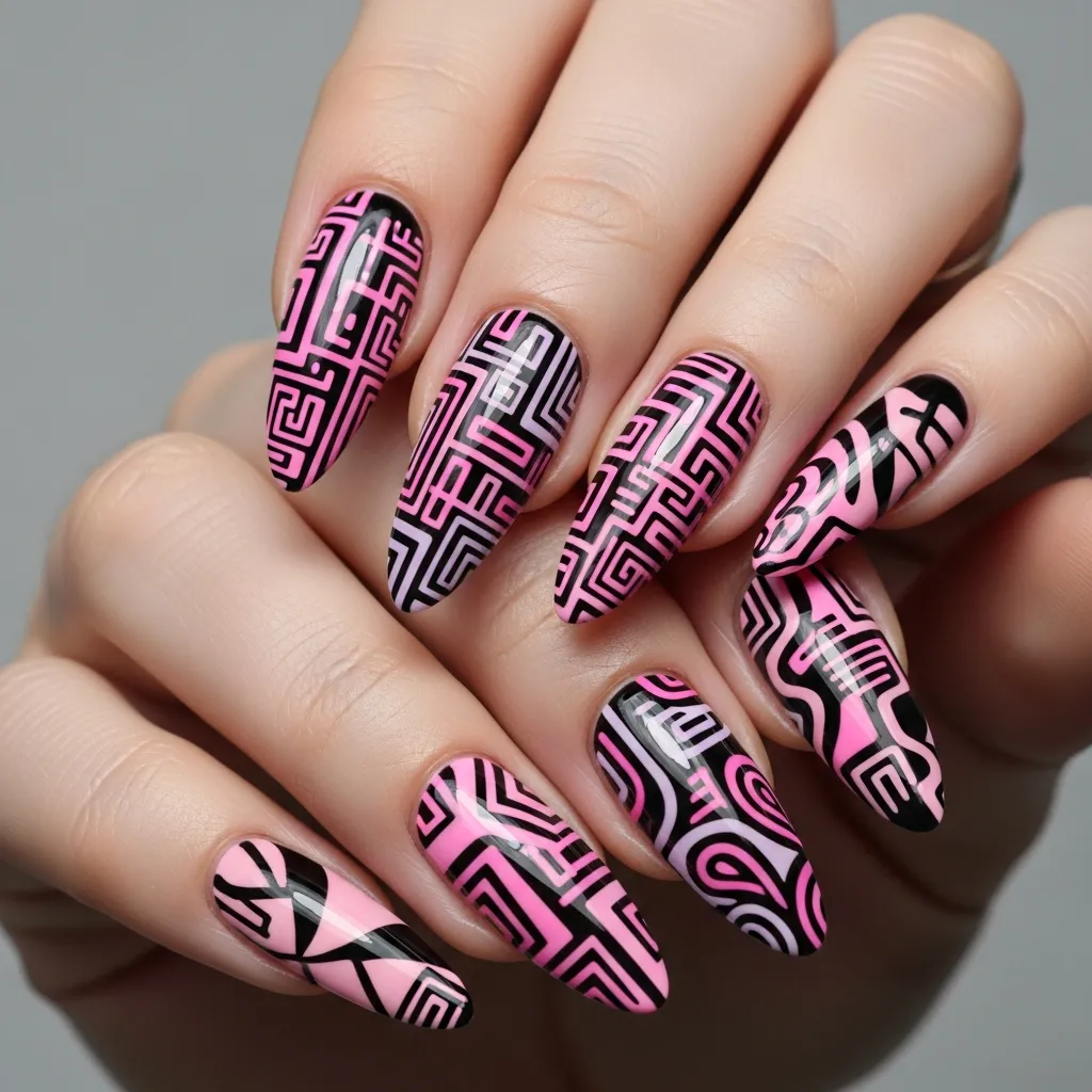 21 Stunning Black and Pink Valentines Day Nails to Slay This Season 11 pink and black abstract art nails