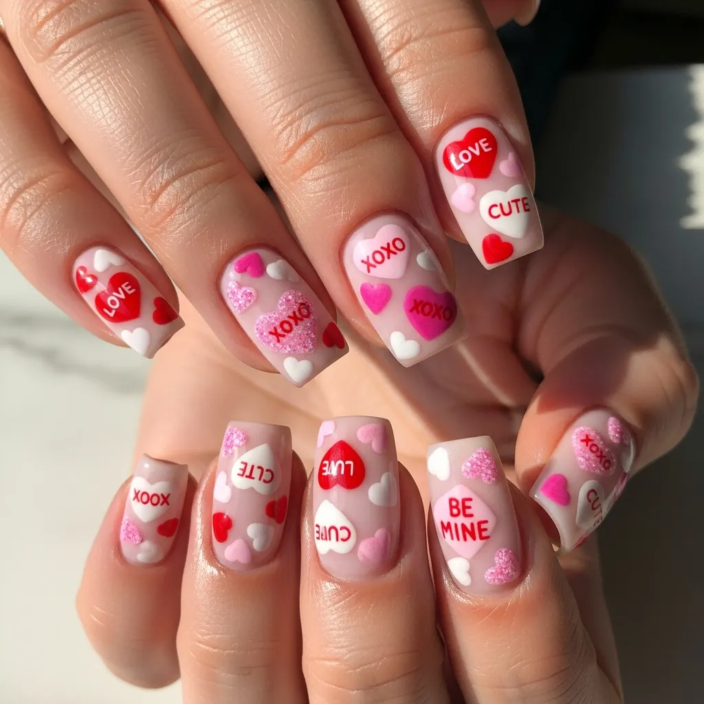 pink and red candy heart square nails