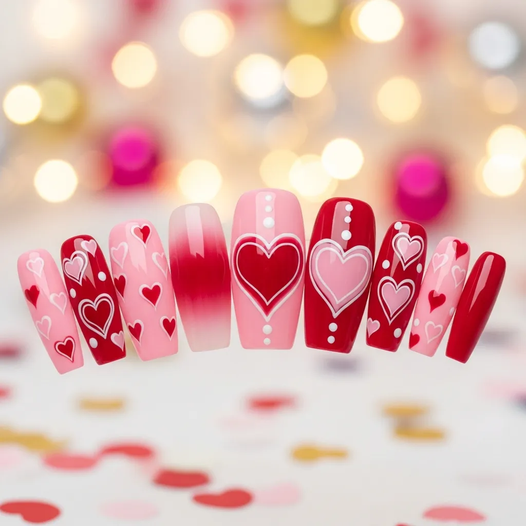pink and red heart art coffin nails