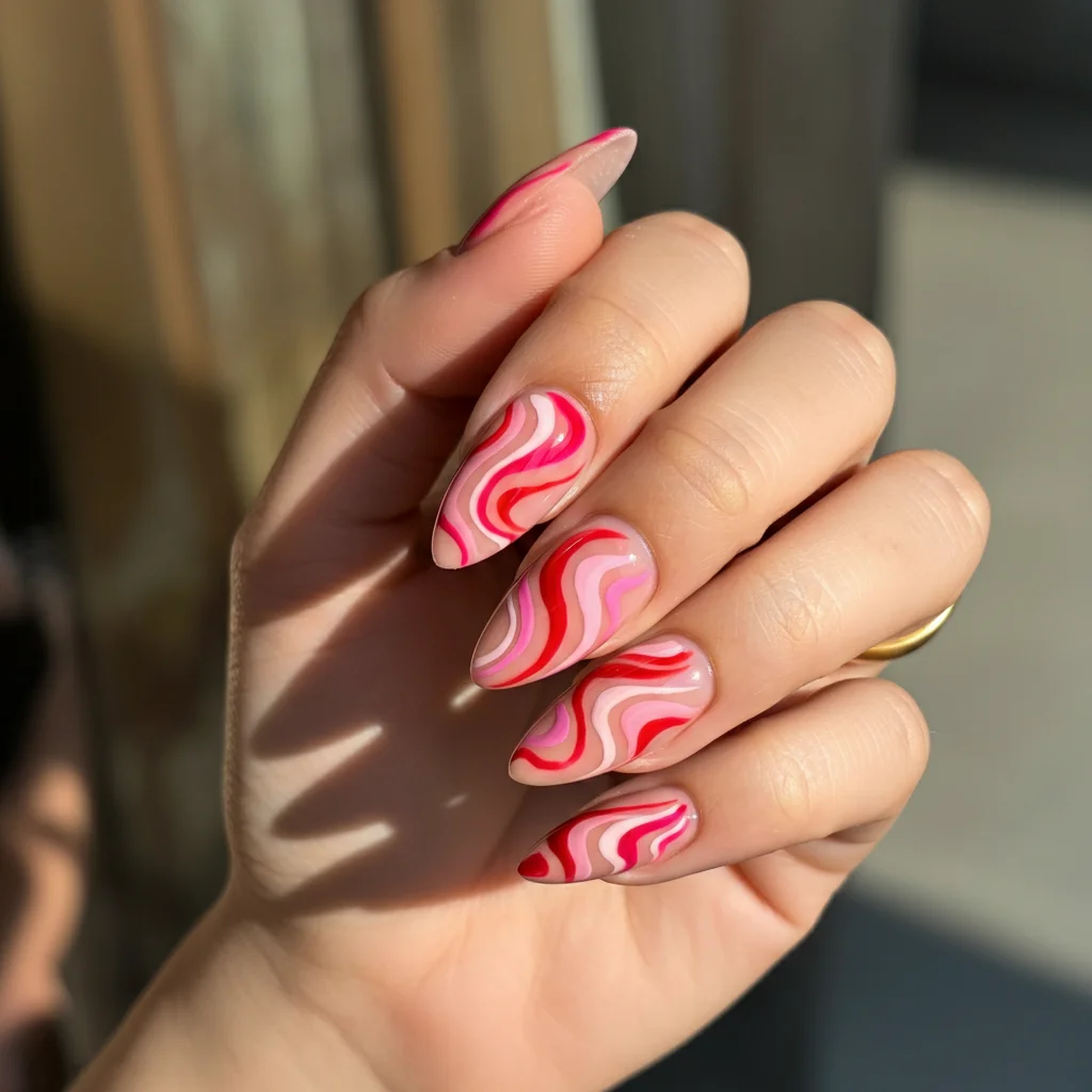 25 Adorable Pink Valentines Nails Designs to Steal Your Heart 4 pink and red swirl nails