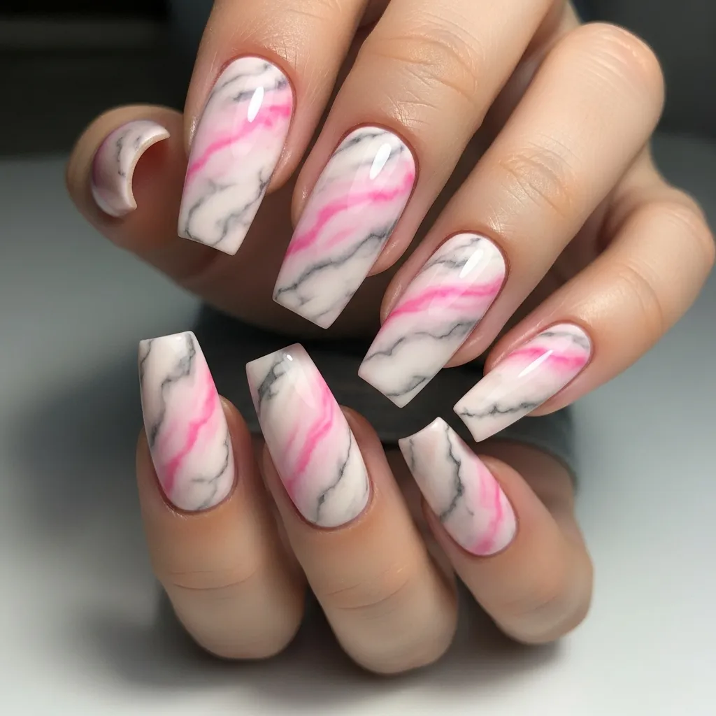 pink and white marble coffin nails