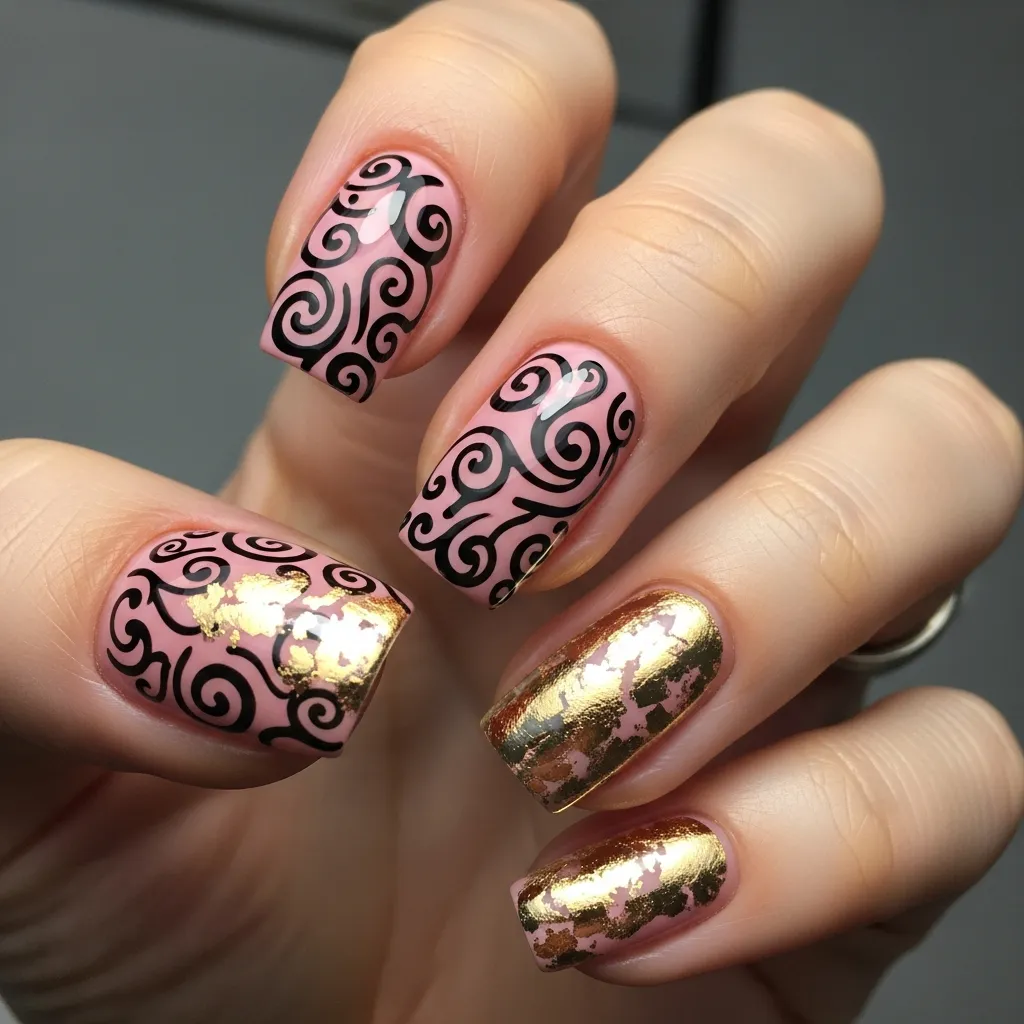21 Stunning Black and Pink Valentines Day Nails to Slay This Season 17 pink base with black swirls and gold foil