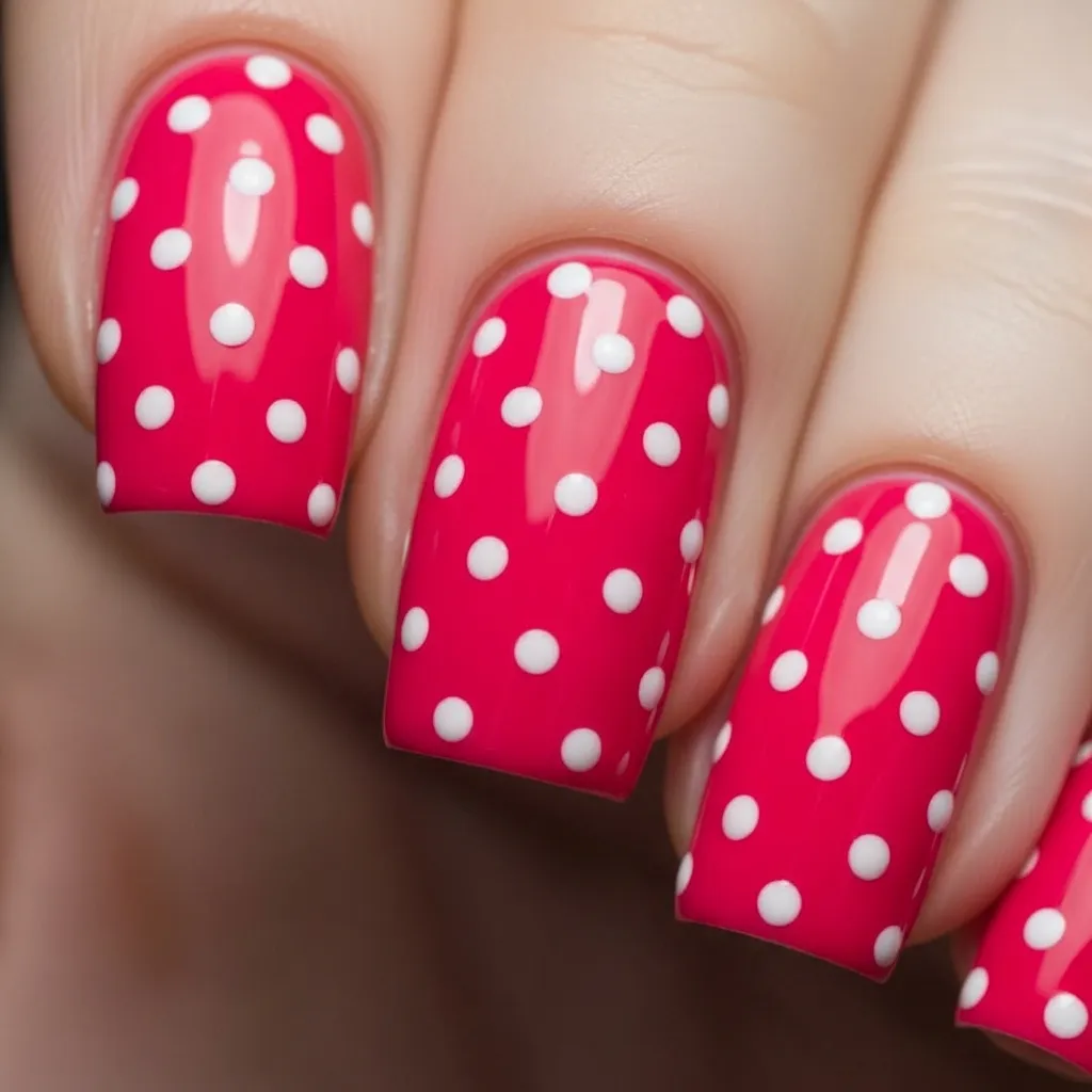 23 Dreamy White and Pink Valentines Nail Inspo 8 pink base with white polka dots