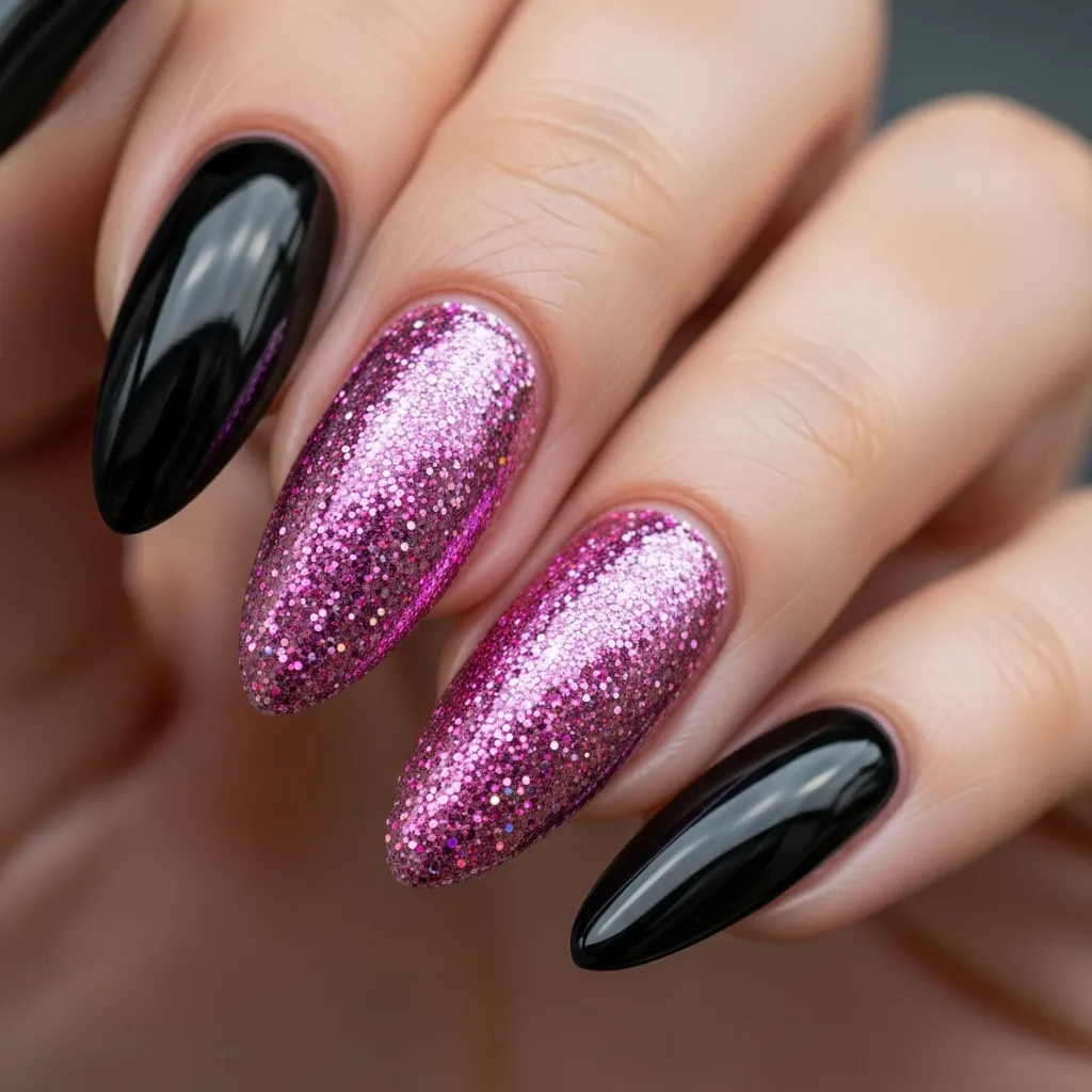 21 Stunning Black and Pink Valentines Day Nails to Slay This Season 6 pink glitter accents on black