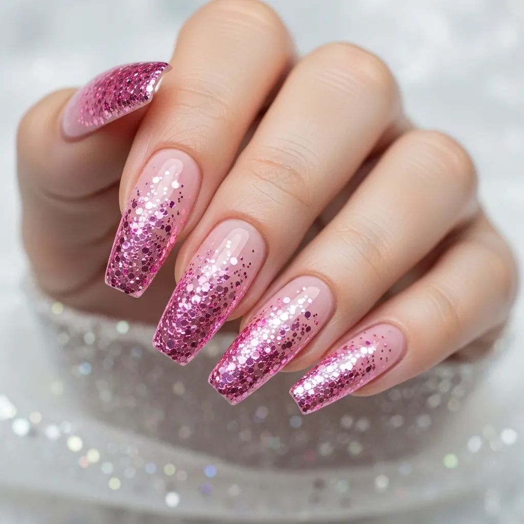 pink glitter ombre coffin nails
