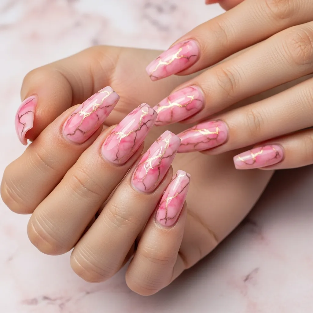 pink marble coffin nails with gold veining