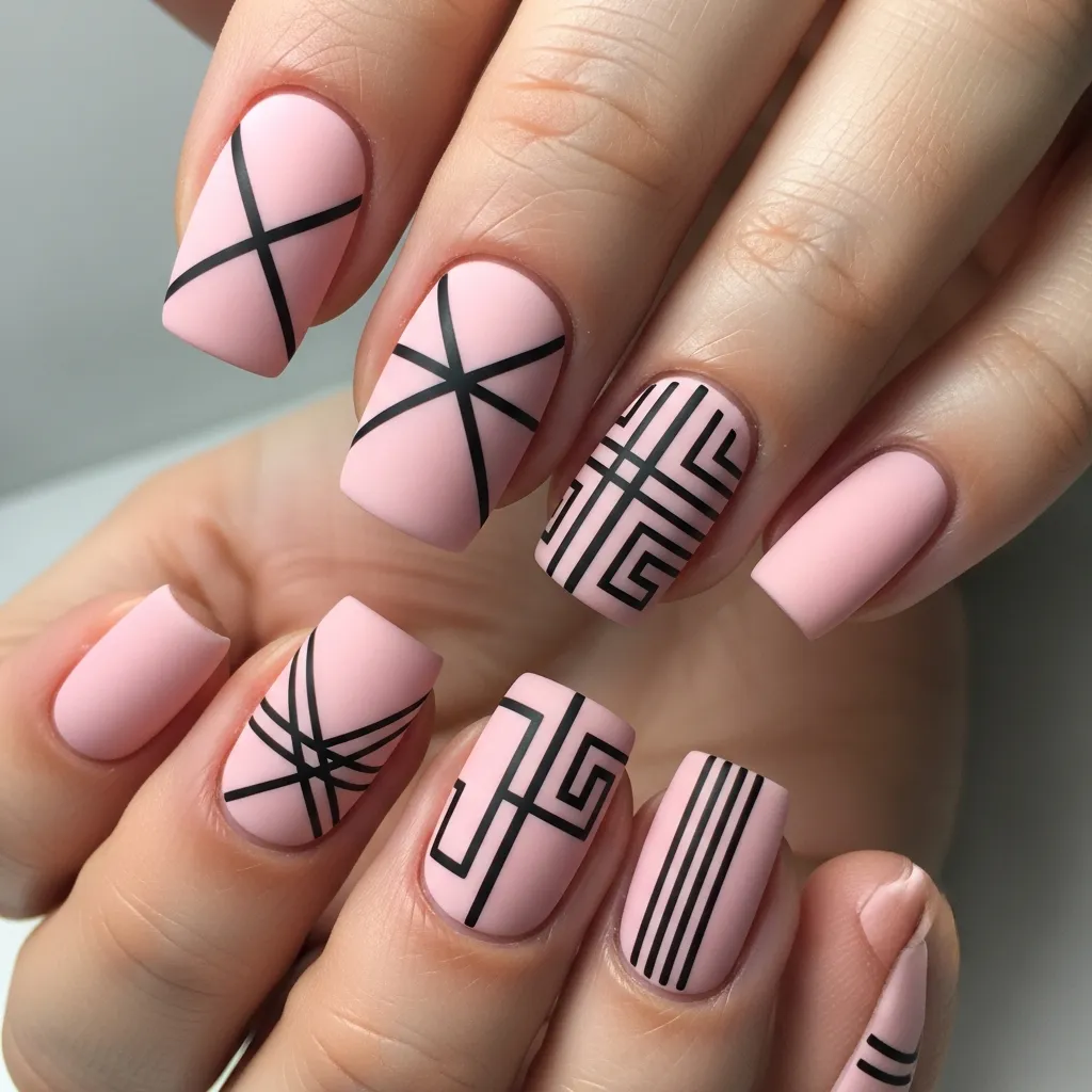 21 Stunning Black and Pink Valentines Day Nails to Slay This Season 13 pink matte nails with black geometric accents