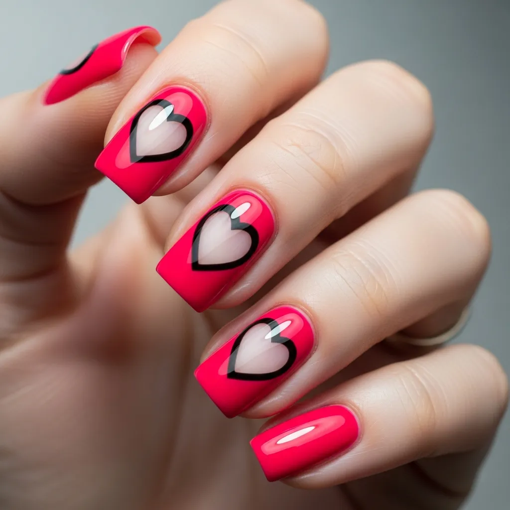 21 Stunning Black and Pink Valentines Day Nails to Slay This Season 19 pink nails with black heart cut outs