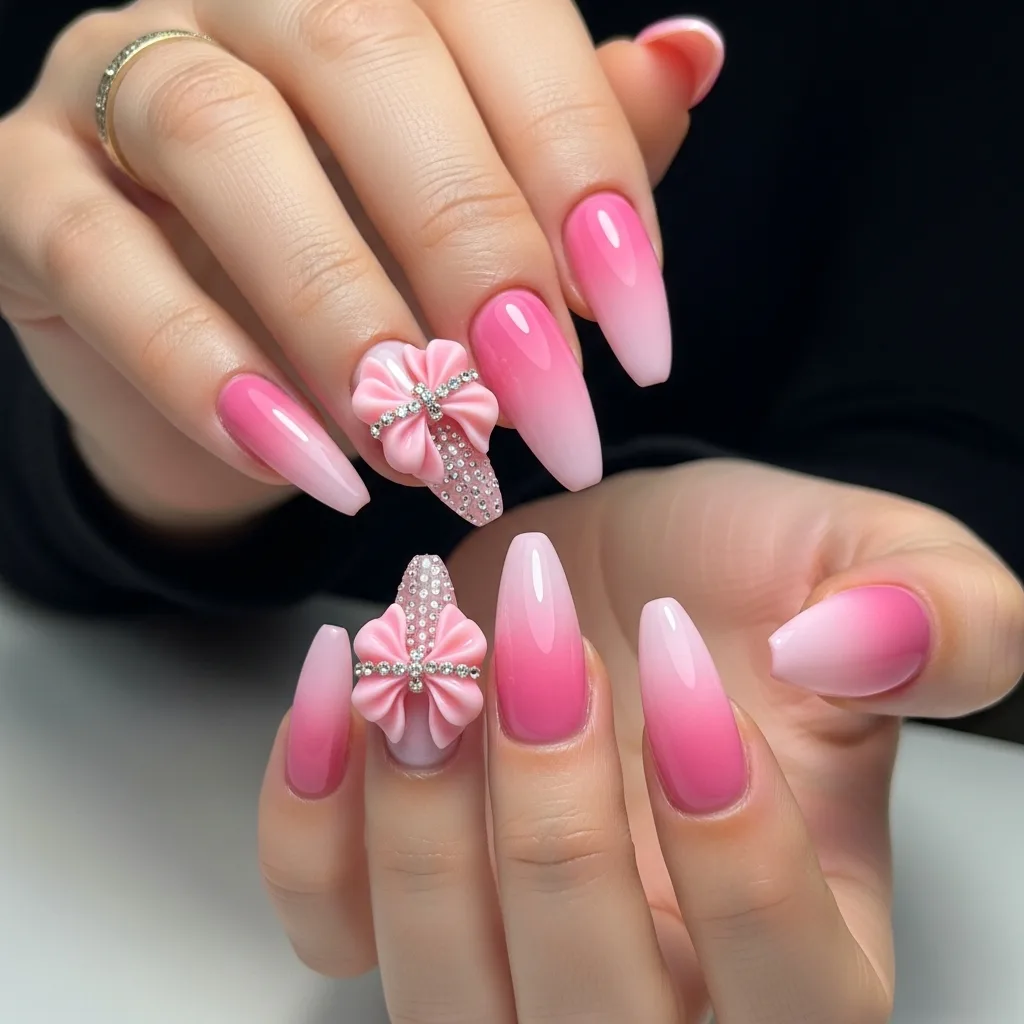Top 25 Valentines Day Nails with Bows: Adorable and Romantic Nail Art Ideas 3 pink ombre with a 3d bow