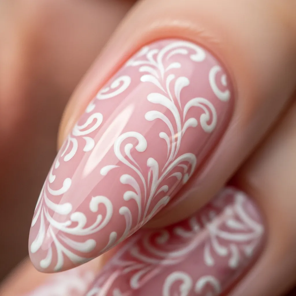 23 Dreamy White and Pink Valentines Nail Inspo 20 pink with white floral swirls