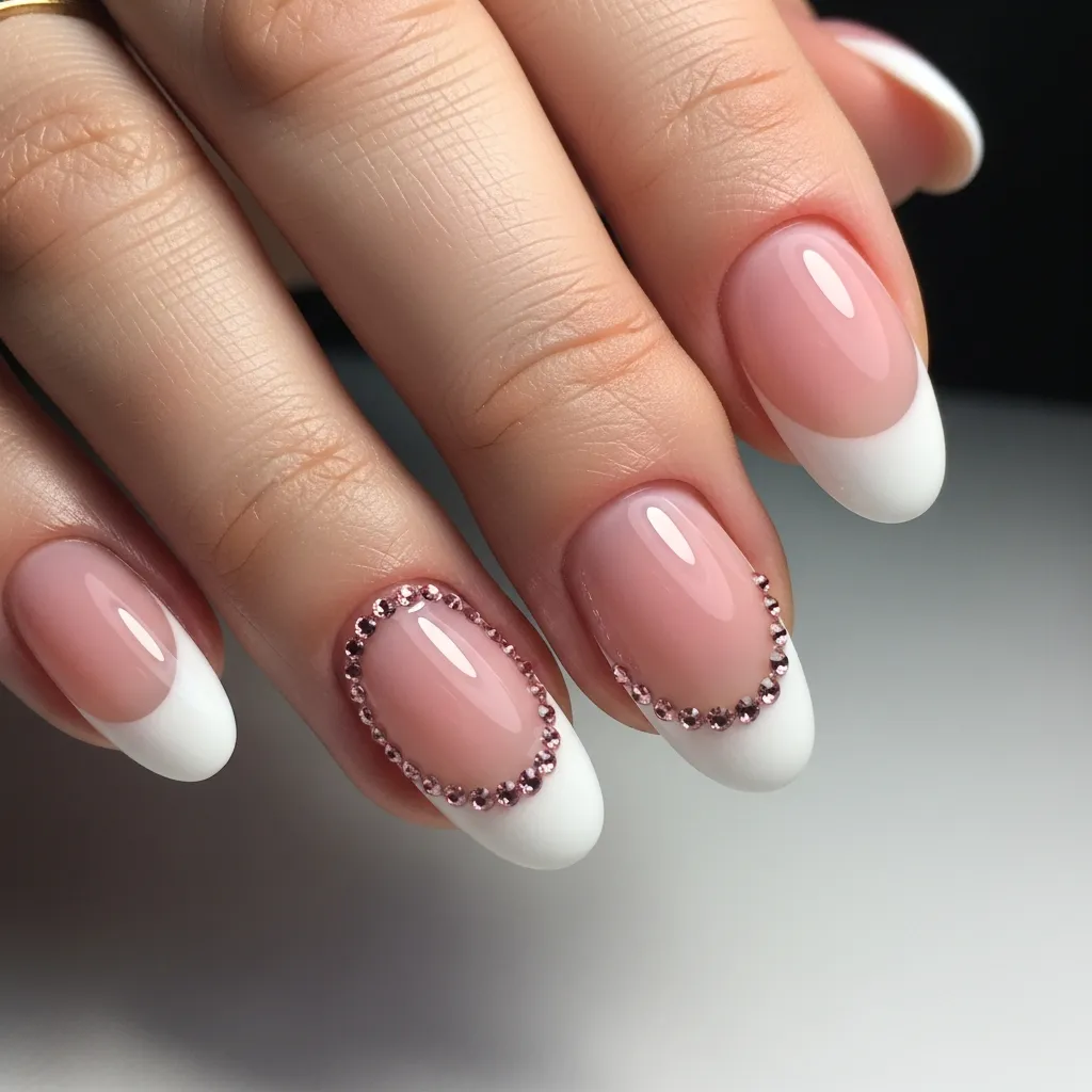 23 Dreamy White and Pink Valentines Nail Inspo 24 pink with white french tip and pink gems