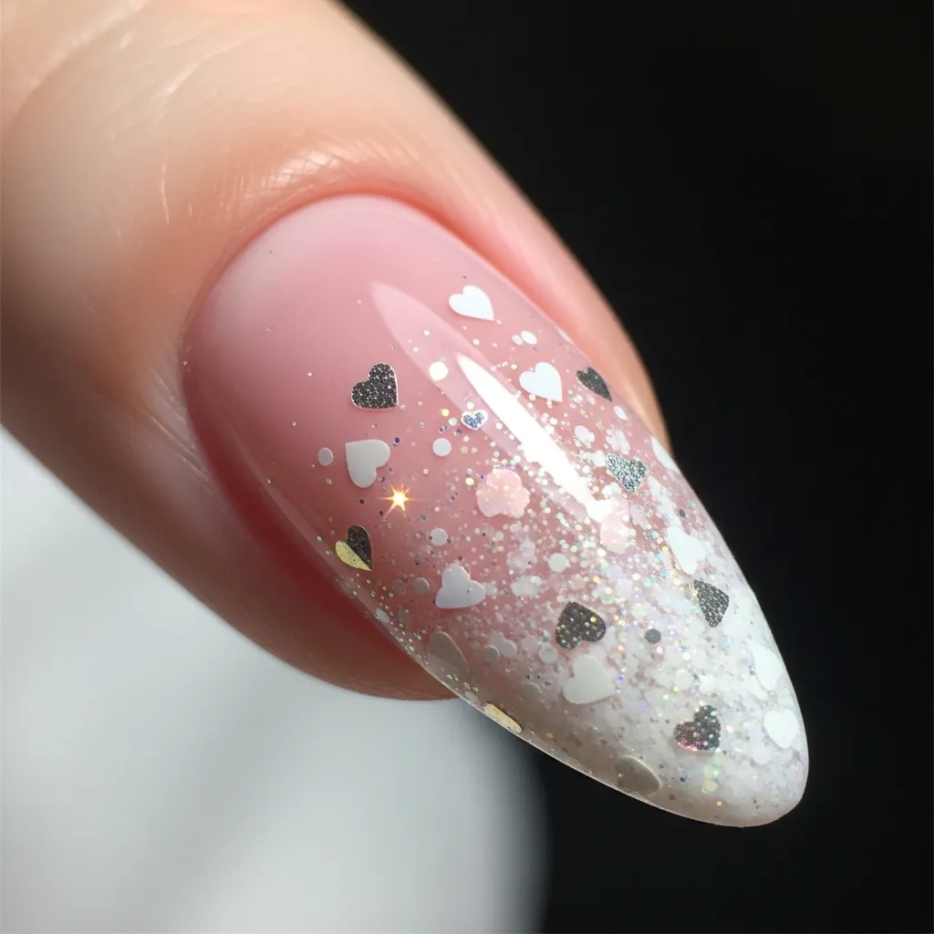 23 Dreamy White and Pink Valentines Nail Inspo 22 pink with white heart glitter ombre