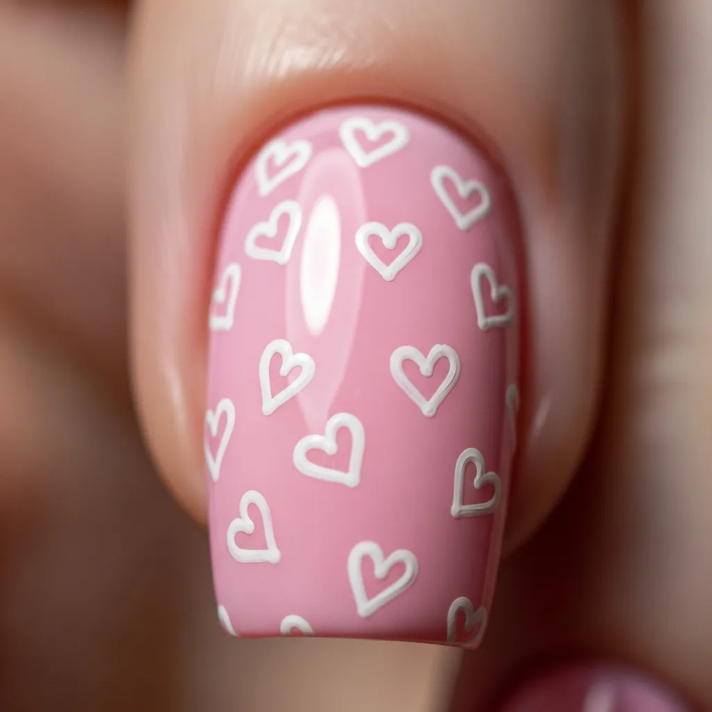 23 Dreamy White and Pink Valentines Nail Inspo 18 pink with white heart outline details