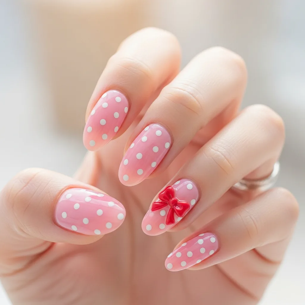 Top 25 Valentines Day Nails with Bows: Adorable and Romantic Nail Art Ideas 11 polka dots and a bow