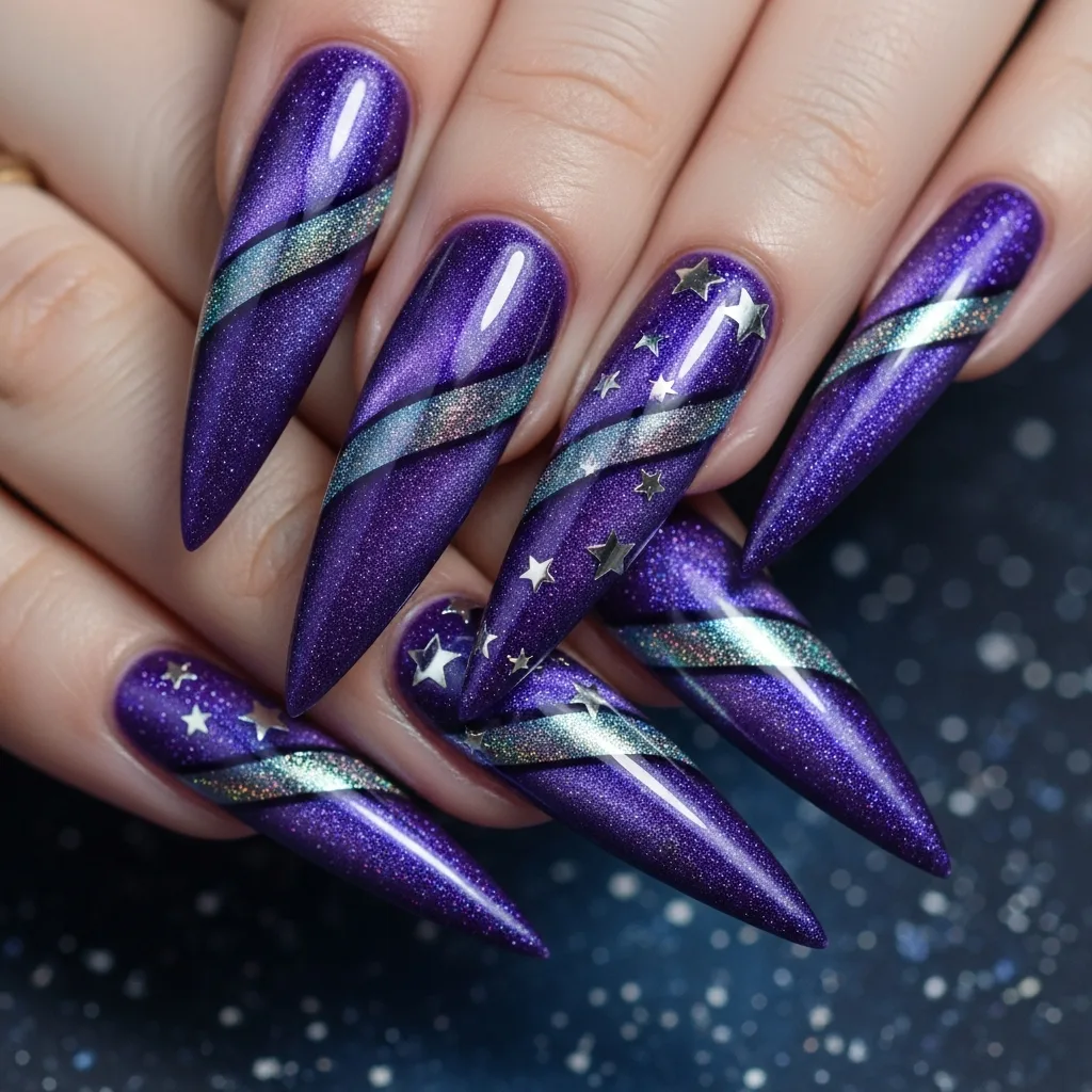 23 Perfect Valentines Cat Eye Nails Designs 6 purple galaxy cat eye