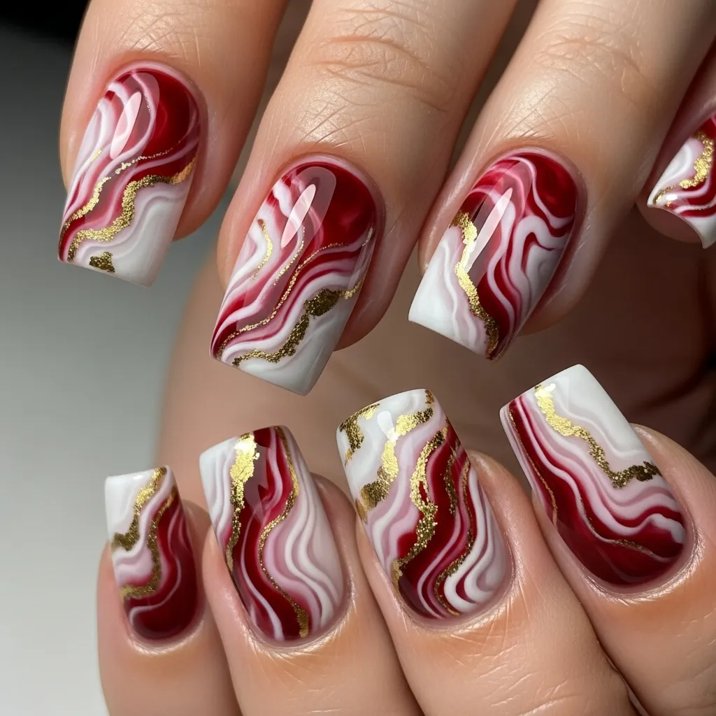 red and white marble square nails