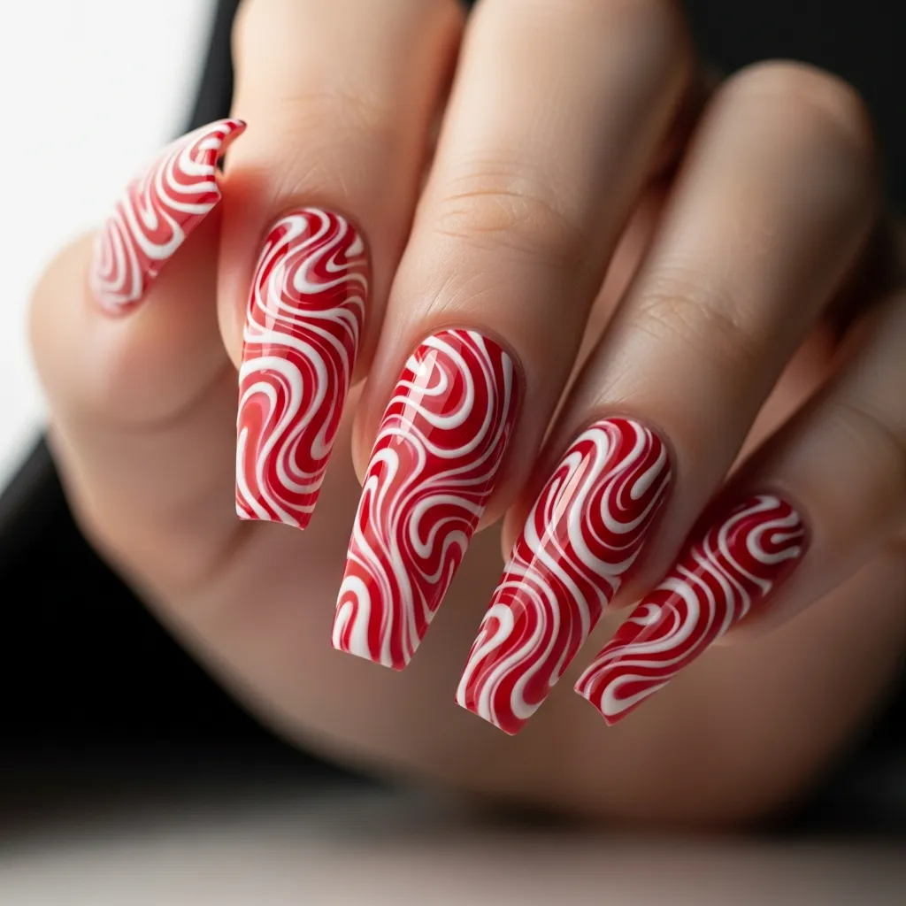 red and white swirl coffin nails