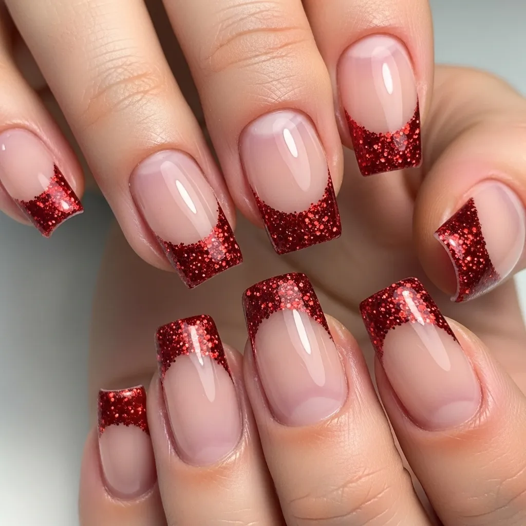red glitter french tip square nails