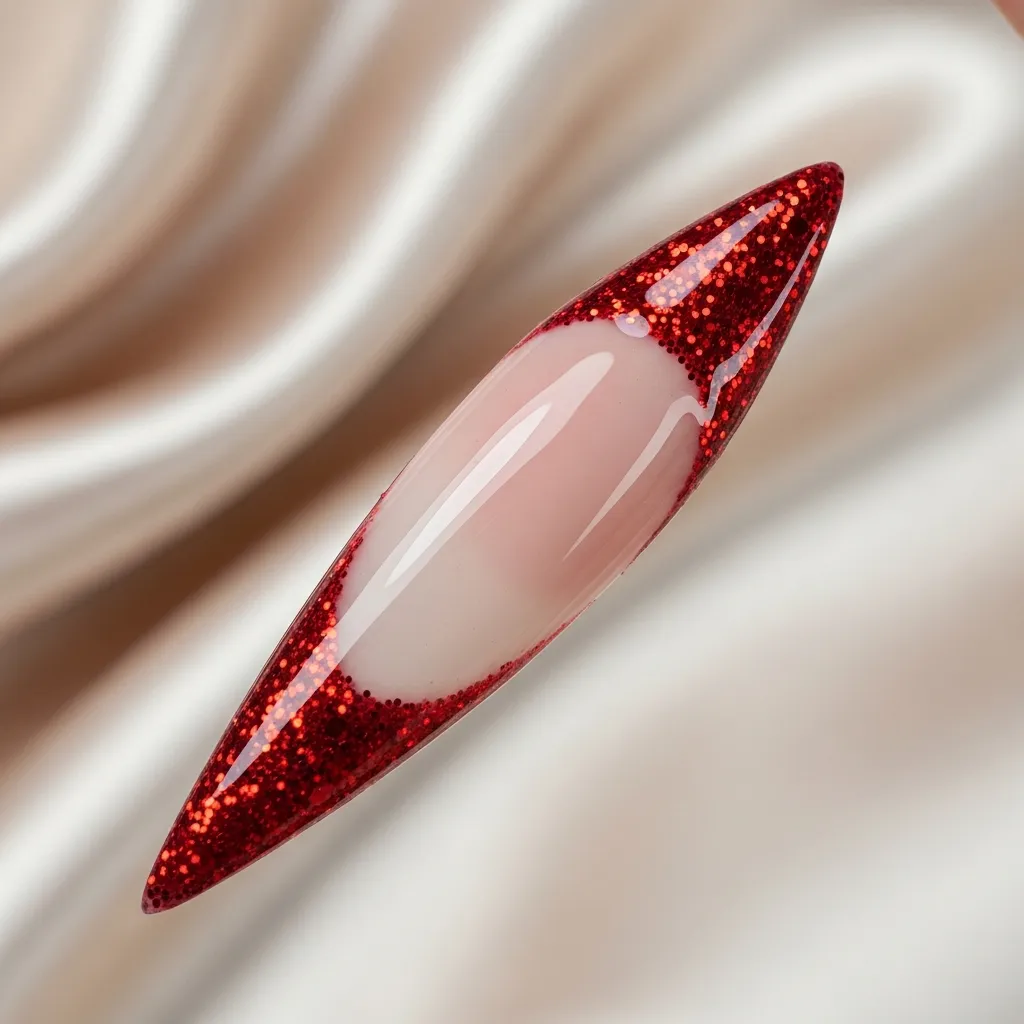 red glitter french tips on nude stilettos