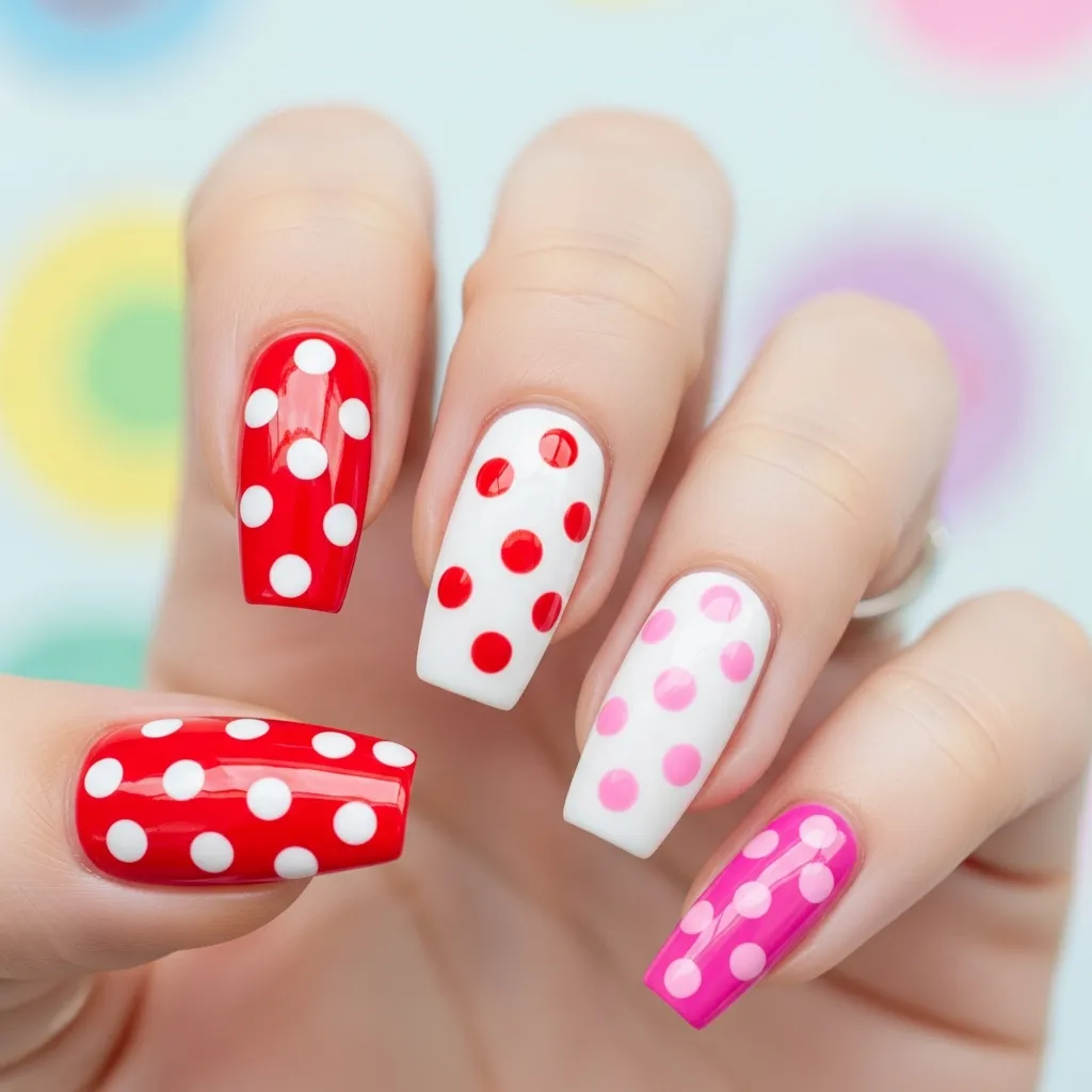 red white and pink polka dot coffin nails