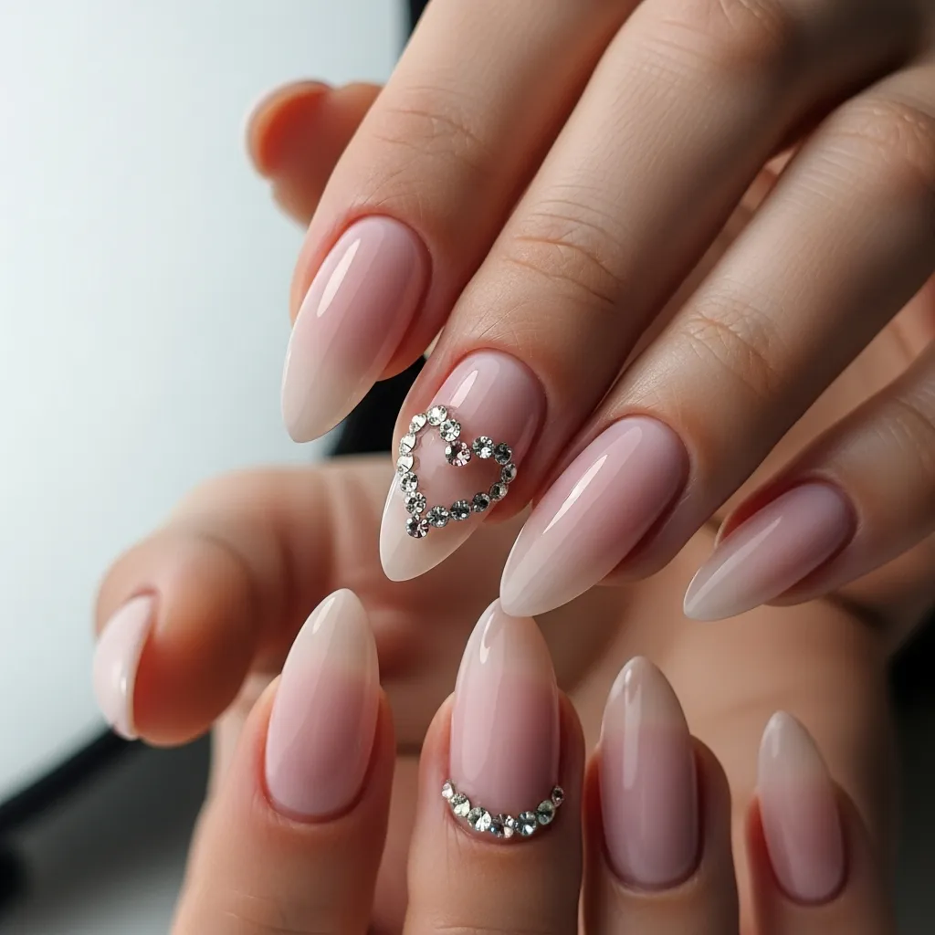 Top 19 Valentines Almond Nail Designs 10 rhinestone heart cluster