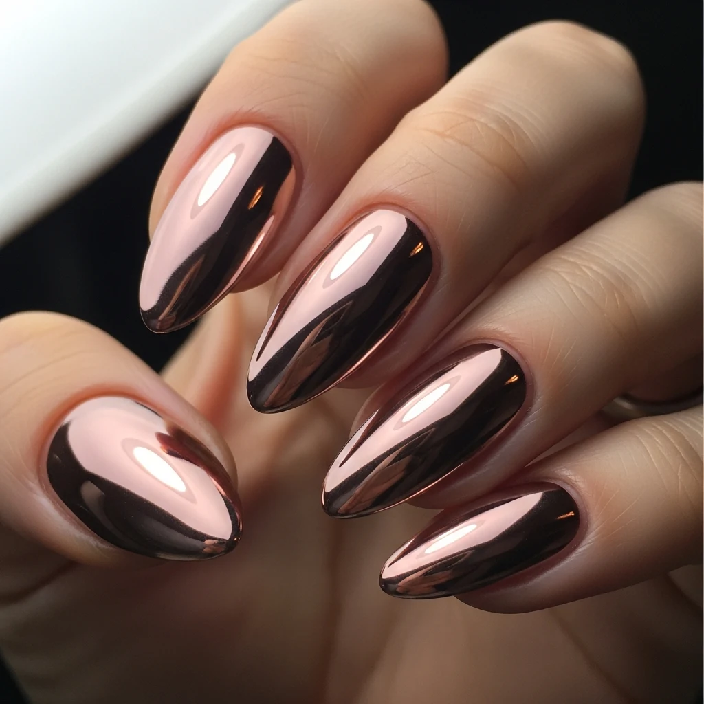Top 25 February Nails: Romantic & Trendy Designs for 2024 8 Rose gold chrome almond nails, reflective metallic finish, glamorous valentines nails.